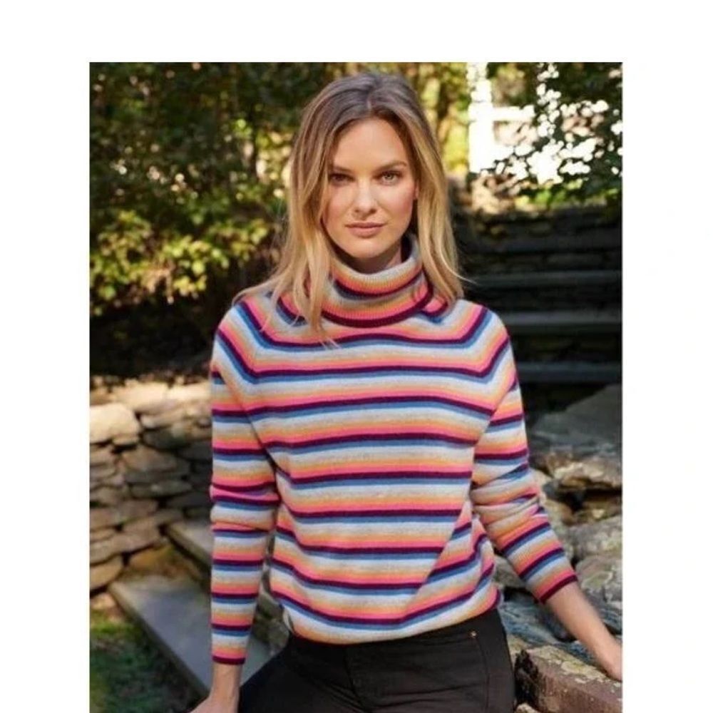 White + Warren | Cashmere Striped Turtleneck Pullover Sweater | M